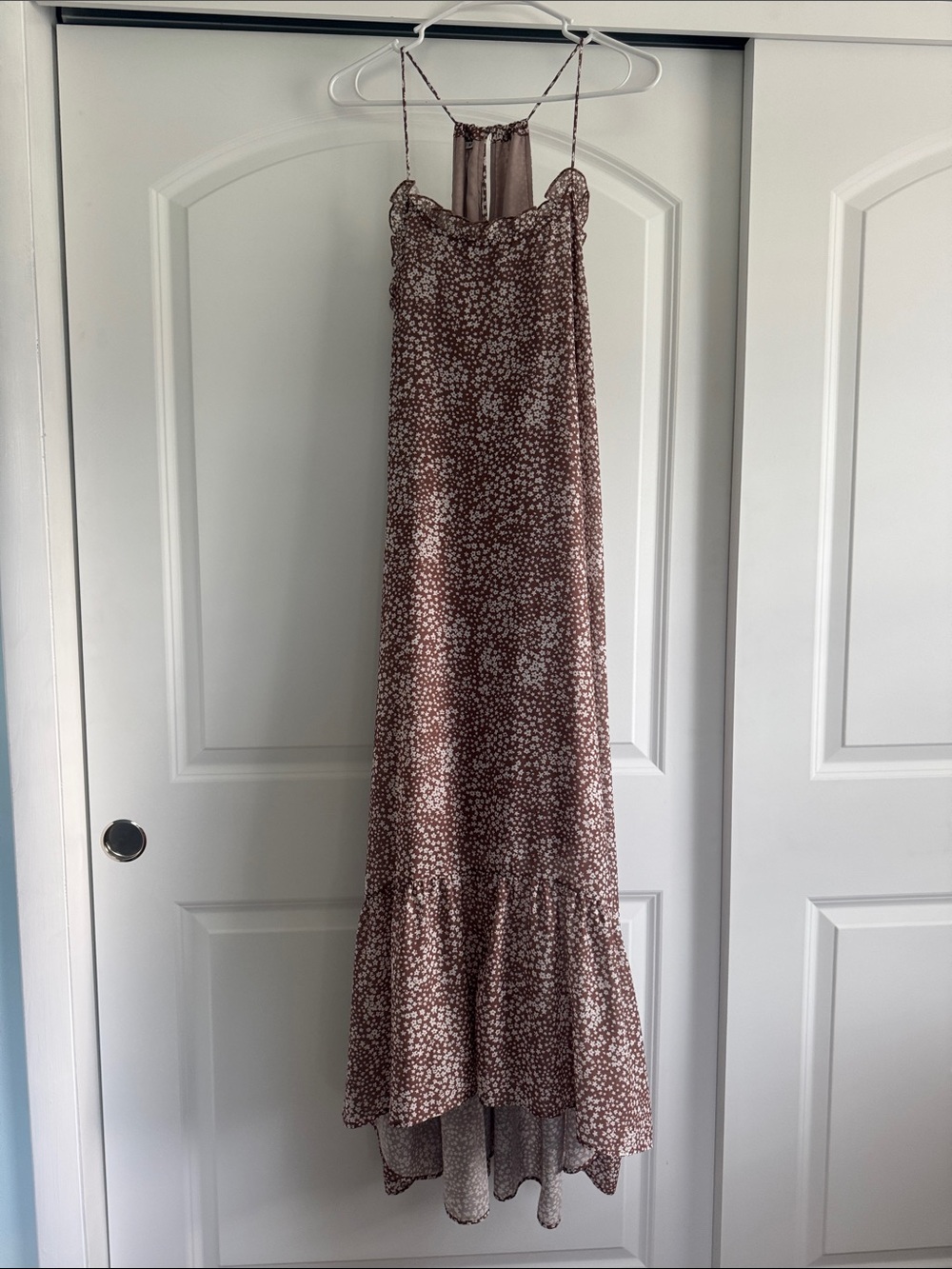 Brown Floral Maxi Slip Dress with Ruffled Hem